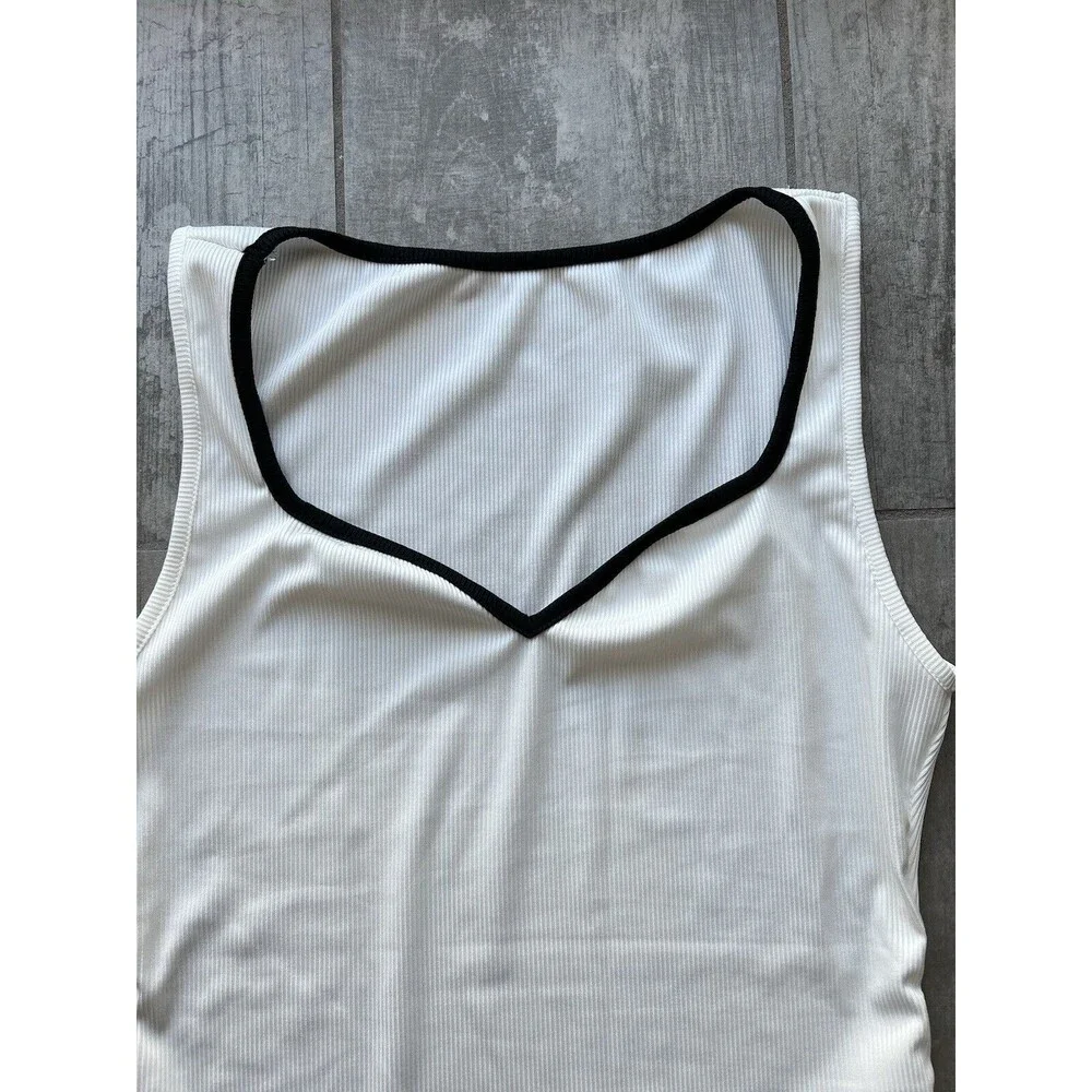 Sweetheart Neck Ribbed Stretch White Black Trim Colorblock Casual Tank Top NEW M - Picture 5 of 10